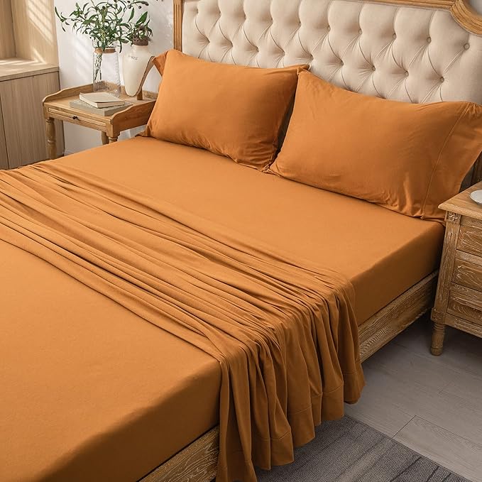 PURE ERA Jersey Knit 4pc Bed Sheet Set 100% T-Shirt Heather Cotton Super Soft Comfy Breathable Fits Mattress Up to 20" Extra Deep Pocket (Solid Burnt Orange, Cal King)