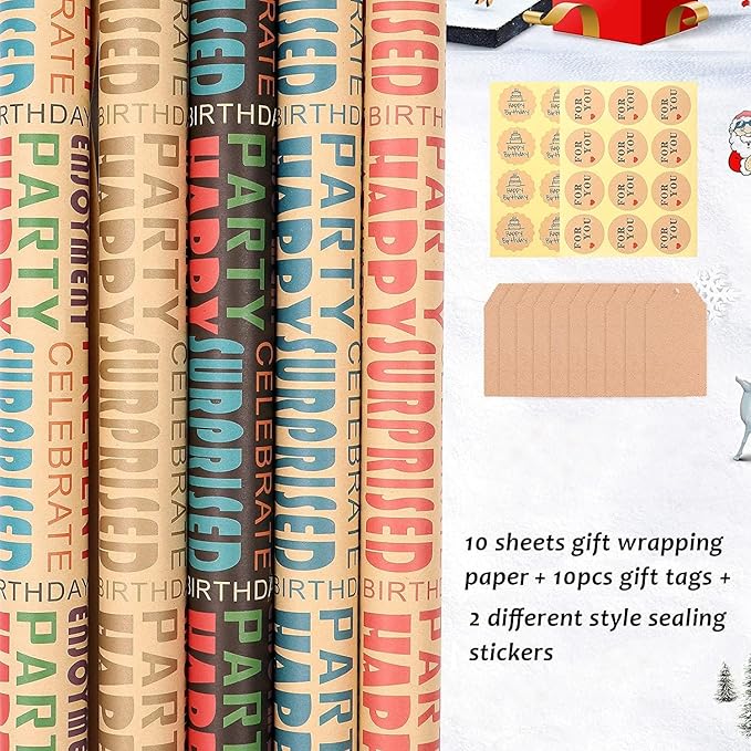 MAMUNU 10 Sheets Birthday Wrapping Paper, Colorful Happy Birthday Kraft Gift Wrapping Paper for Men Women Girls Boys, Recycled Brown Gift Wrap Paper Set with Tags Stickers, 20 x 28Inch