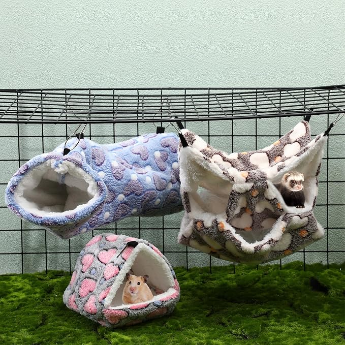 Abbylike 9 Pieces Rat Hammock 3 Tier Guinea Pig Ferret Hammocks Small Pet Hanging Tunnel Glider Toy Guinea Pig Ferret Hideout Bed Cage Accessories for Hamster(Purple, Brown, Gray,Heart)