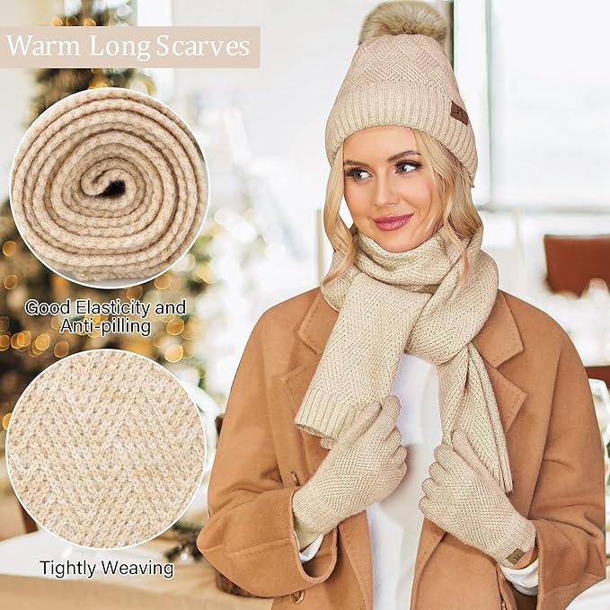 Womens Winter Warm Knit Beanie Hat Long Scarf Touchscreen Gloves Set with Fleece Lined Pom Skull Cap Gifts for Women
