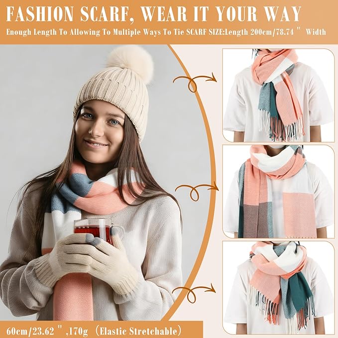 Geyoga 6 Pcs Winter Hat Scarf Gloves Set Knitted Touchscreen Gloves Plaid Scarf Earmuffs Socks Gift for Women Men