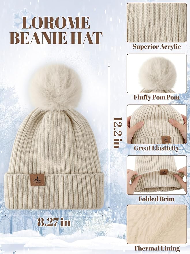LOROME Women Winter Beanie Hat Scarf Gloves Set, Fleece Knitted Pompom Hat Warm Neck Scarf Touchscreen Gloves Winter Gift