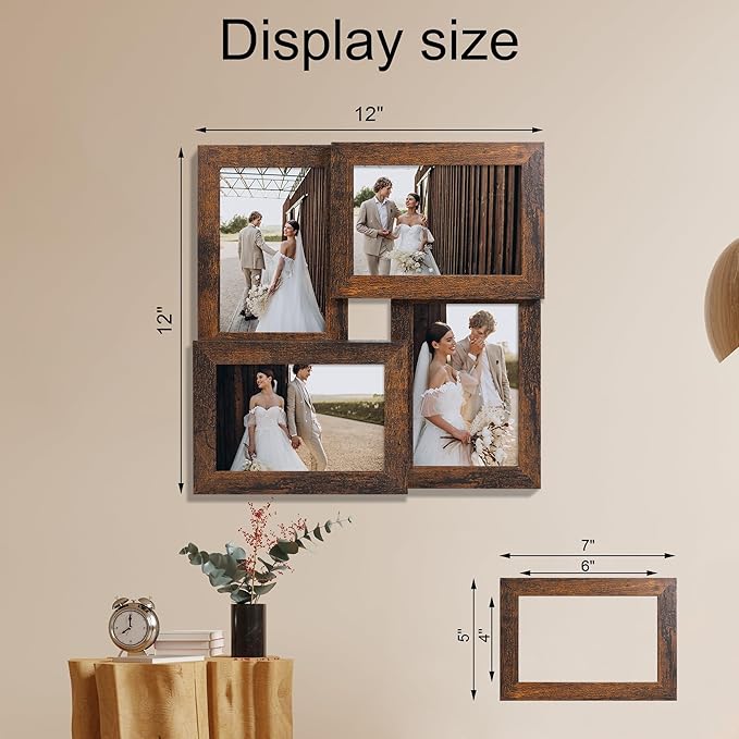 4x6 Collage Picture Frame,4 Photo Frame with Real Glass,Family Picture Frame Collage Wall Hanging or Tabletop Display,Rustic Brown