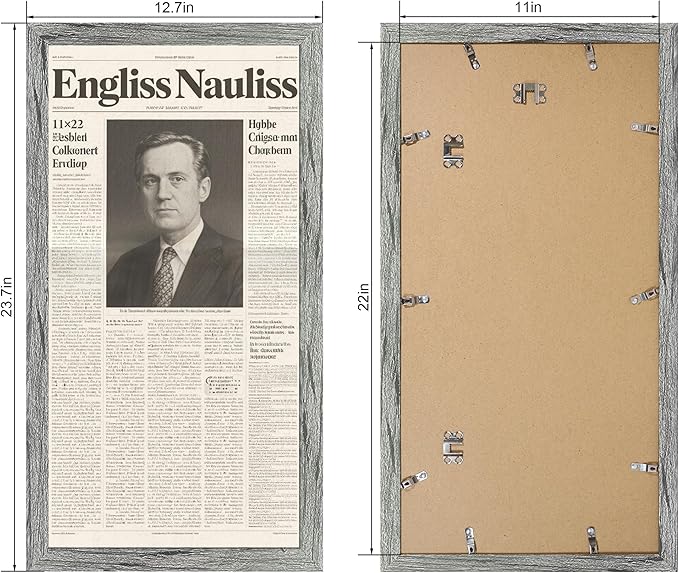 11x22 Newspaper Frame 2 Packs, Real Glass and Grey Wood Frame, Display Panoramic 11 x 22 Magazine Frames - Horizontal or Vertical Wall Mounting