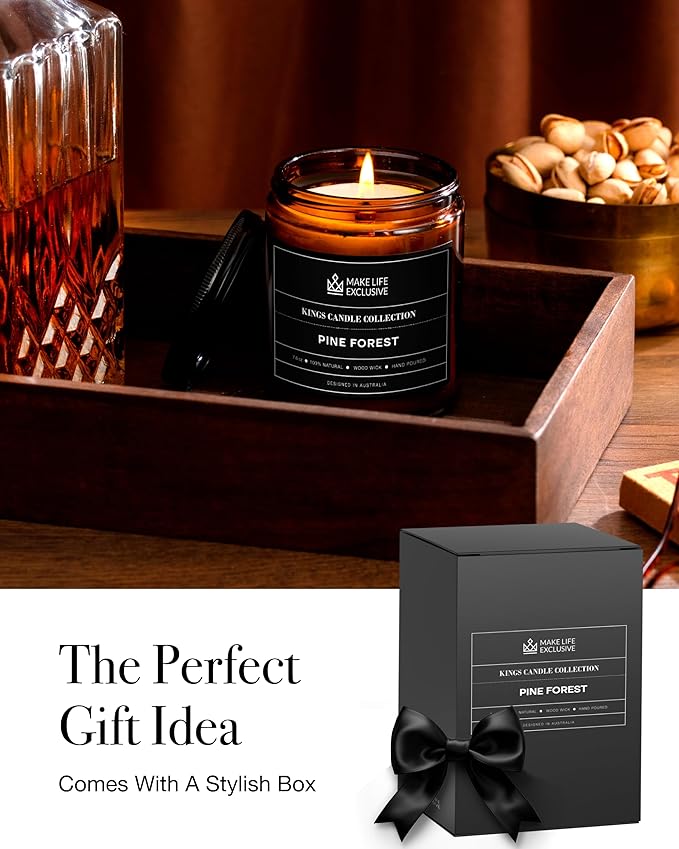 Scented Candles for Men | Pine & Cedar Scented | Wooden Wick, Long Lasting, Masculine Scents | Natural Soy Jar Candle for Home, Bachelor Pad Decor | The Perfect Mens Gift.