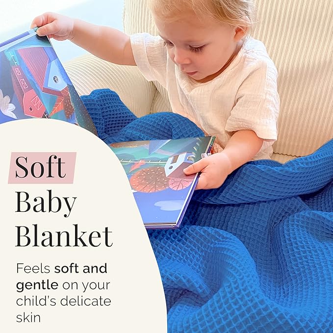 Stroller Society - Swaddles for Newborns & Toddlers, Soft Receiving Blankets Girl & Boy Can Use, Comfy Toddler Blanket & Newborn Swaddle, Cotton Waffle Blanket, Classic Blue, 40 x 40 inches