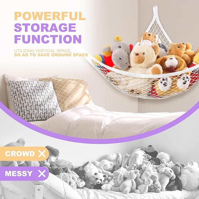 Lazebox Stuffed Animal Net Hammock for Plushie Toys, Stuffed Animal Hammock Corner for Kids' Room Decor, Ideas for Organizing Stuffy Collection, Easy to Hang with Anchors & Hooks