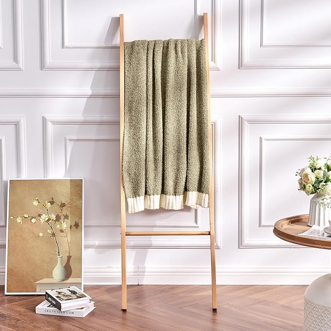 CozeCube Super Soft Fullfy Microfiber Reversible Knitted Blankets, Warm Cozy Fuzzy Plush Throw, Olive Green and White Melange Throw Blanket for Couch Bed Sofa, 60" x 80"