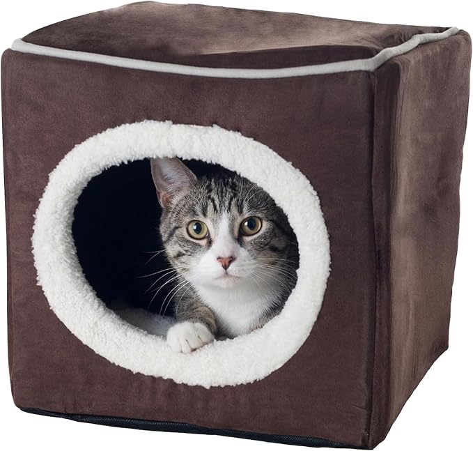 Cat House - Indoor Bed with Removable Foam Cushion - Cat Cave for Puppies, Rabbits, Guinea Pigs, and Other Small Animals by PETMAKER (Dark Brown) 13x13.5x12"