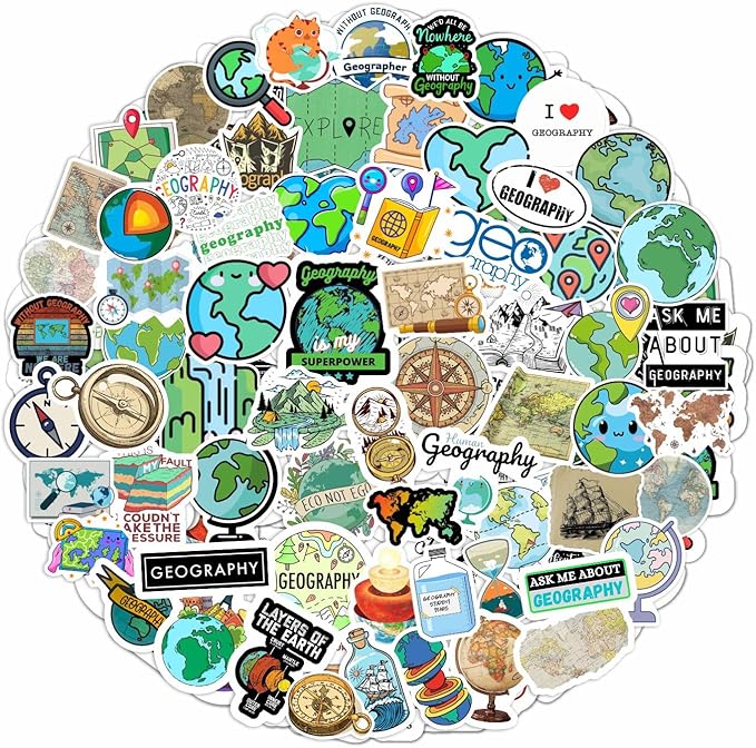 100Pcs Geography Stickers for Water Bottle and Laptop - Geography Party Supplies & Decorations, Waterproof Vinyl Decals, Maps and Landmarks Stickers, Gifts for Women & Men