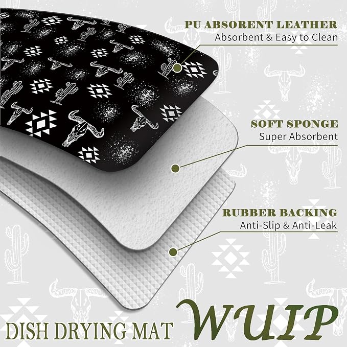 Black Western Dish Drying Mats for Kitchen Counter, Boho Western Cow Skull Aztec Cactus Absorbent Reversible Coffee Bar Mat Drying Pad for Kitchen Decor, 12x15 Inch