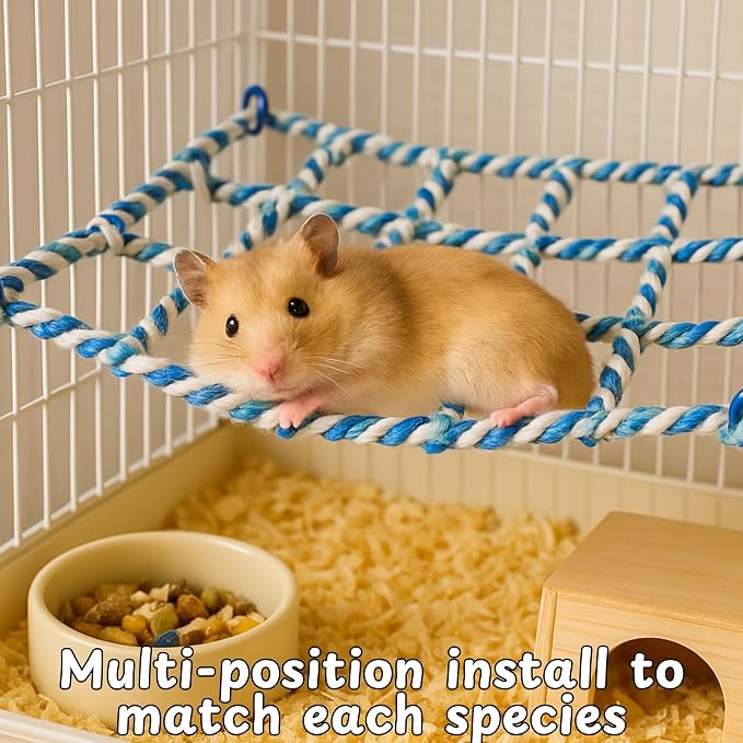 Rat Climbing Hammock for Cage Accessories, Rat Climbing Ropes and Hanging Swing Toys, Hamster Cotton Bridge Ladder Enrichment Toy, Mesh Net Platform for Parrot Bird Chinchilla Ferret (Hammock, Rope)