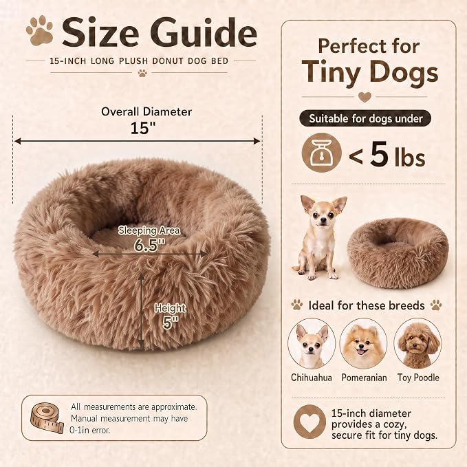 Tiny Dog Bed for Extra Small Dogs for Chihuahua Pomeranian Toy Poodle | 15 Inch Washable Puppy Bed,Soft Faux Fur Calming Donut Bed,Brown