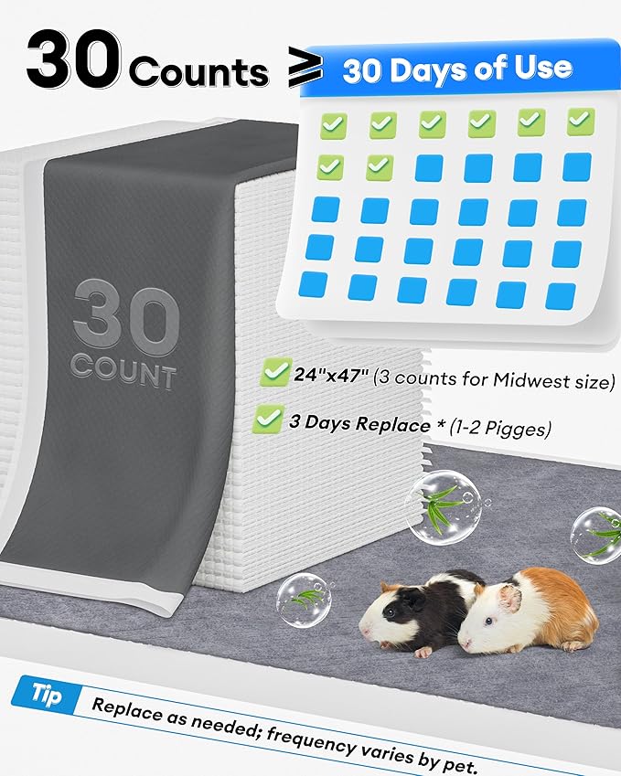 BUCATSTATE Disposable Guinea Pig Cage Liners 30 Count, Super Absorbent Guinea Pig Bedding, Bamboo Charcoal Odor Control Pee Pads for Rabbits, Ferrets and Birds (18''x24'') (Pack of 2)