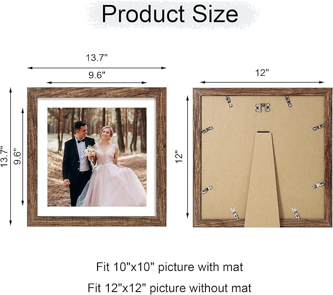 iRahmen 12x12 Picture Frame Set of 4 with Tempered Glass, Rustic Frame Display 10x10 Pictures with Mat or 12 x 12 Without Mat, Wood Square Photo Frames for Desktop Display and Wall Mounting