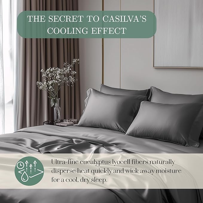 CASILVA Eucalyptus Sheets - Infused with Silver for Anti-Odor, Softer Than Silk Fibers, More Cooling Than Cotton - Perfect for Hot Sleepers & Sensitive Skin - 100% Tencel Lyocell - King Sheet Set
