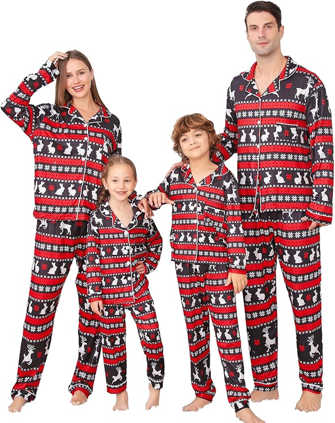 ANGELGGH Family Christmas PJs Matching Sets 2 Pcs Festival Party Pajamas Holiday Warm Sleepwear Couples Button Loungewear
