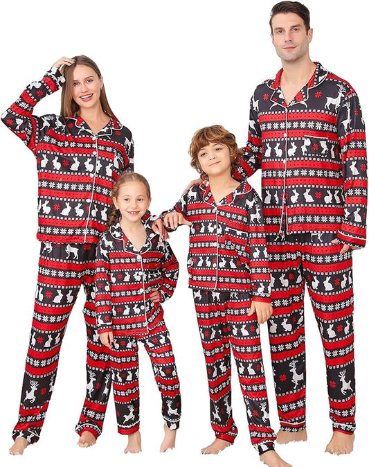 ANGELGGH Family Christmas PJs Matching Sets 2 Pcs Festival Party Pajamas Holiday Warm Sleepwear Couples Button Loungewear