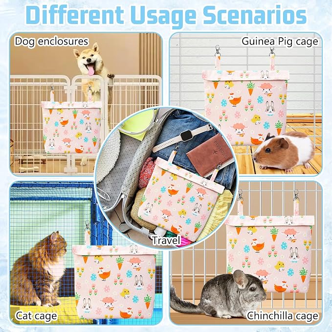 Rabbit Cooling Pouch with 2 Ice Boxes Small Animal Hanging Cooling Pad Set for Cage No Condensation Bunny Cooling Mat Washable Ice Bag for Guinea Pig Chinchilla (Style A)