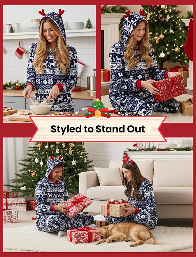 PATPAT Matching Family Christmas Onesie Pajamas – Holiday Hooded Jumpsuit Sleepwear PJs Couples Xmas Loungewear with Socks