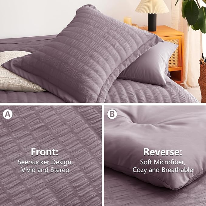 CozyLux Queen Comforter Set Dusty Purple Seersucker 7 Pieces Bed in a Bag Queen Comforter Set with Sheets, Luxury Bedding Sets with Down Alternative Comforter, Sheets, Pillowcases & Shams All Seasons