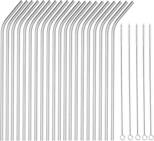 25 Piece Set Stainless Steel Straws Long 8.5 Inch Drinking Metal Straws Reusable Drinking Straws for 20 OZ (20 Bent|5 Brushes)