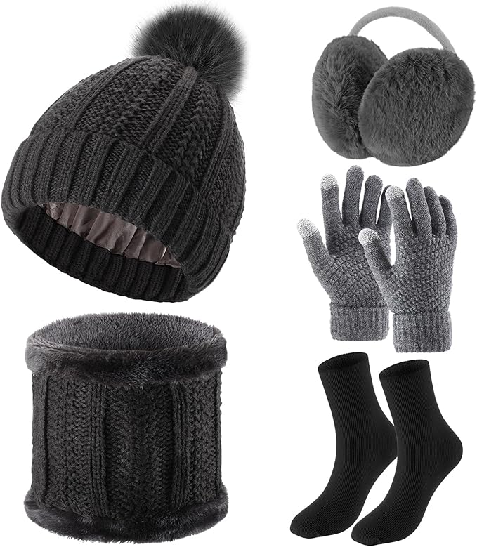 SATINIOR 5 Pcs Winter Satin Lined Hat Scarf Gloves Set Knit Pompom Beanie Warm Touchscreen Glove Earmuff Ear Warmer for Women