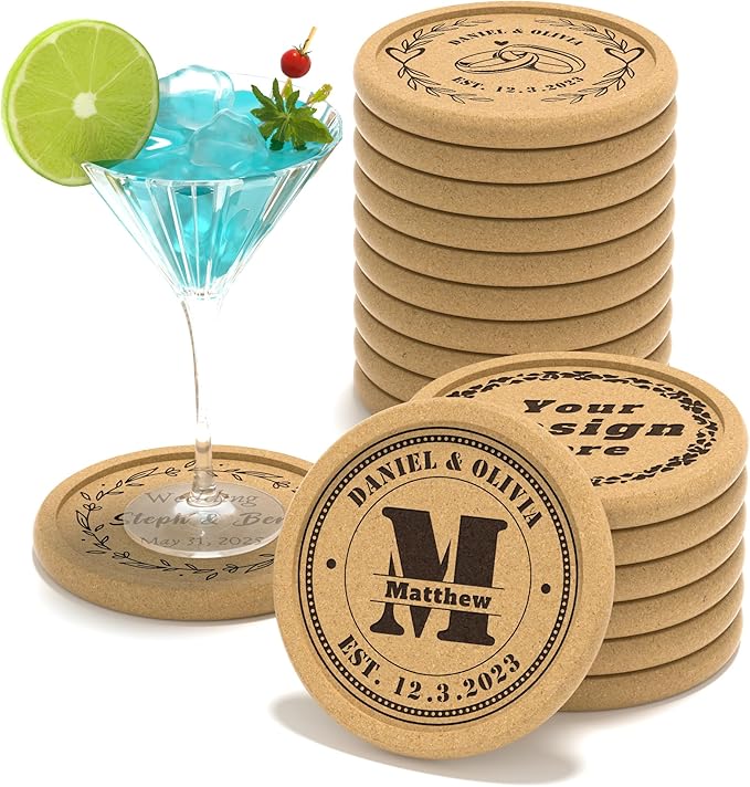 30 Custom Coasters, Personalized Cork Coaster Laser Engraved with Own Design Logo Text, Non-Slip Heat-Resistant Custom Cork Coaster for Wedding, Anniversary, Family Reunion Gifts (Lip Round)
