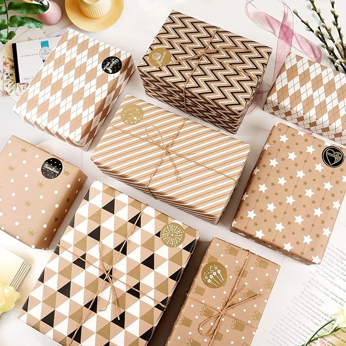 MAMUNU Gift Wrapping Paper Set, 8 Sheets Brown Wrapping Paper for Birthday Graduation and All Occasions, Gift Wrap Paper Set for Men Women, 20x28 Inch