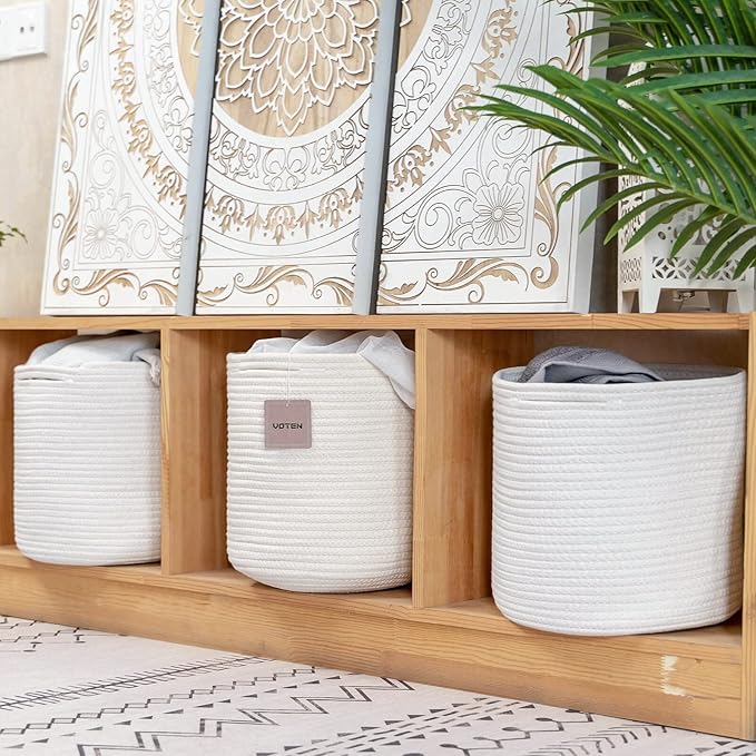 voten Storage Cubes Bins Organizer 11x11x11'' Fit 12x12''Cube Storage Bookcases Shelves,Durable Woven Cotton Basket for Organizing,Round 3Pack Off White