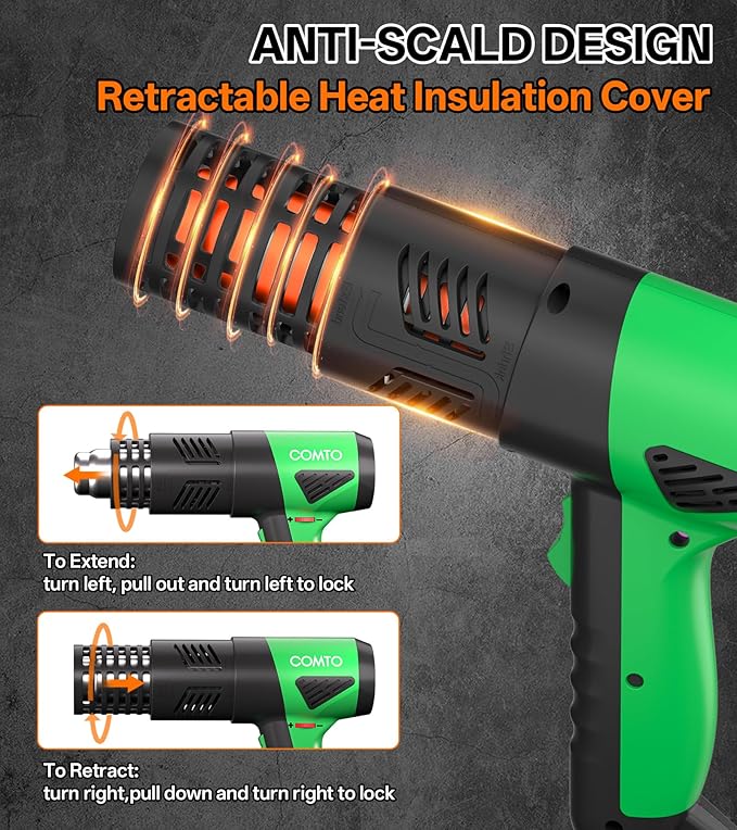 1800W Industrial Heat Gun, Fast Heating 122℉-1202℉ Variable Temperature Control Overheat Protection 2 Speed Air Flow with 4 Nozzles for Crafts, Shrinking Tubing, Vinyl Wrap (SG-1004)