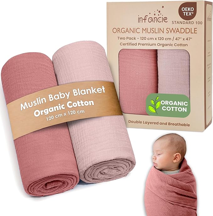 Organic Cotton Muslin Baby Blanket - 47x47 Inch Breathable Swaddle, Hypoallergenic Double-Layer, Versatile Use (Rose/Peach, 47x47 Inch)