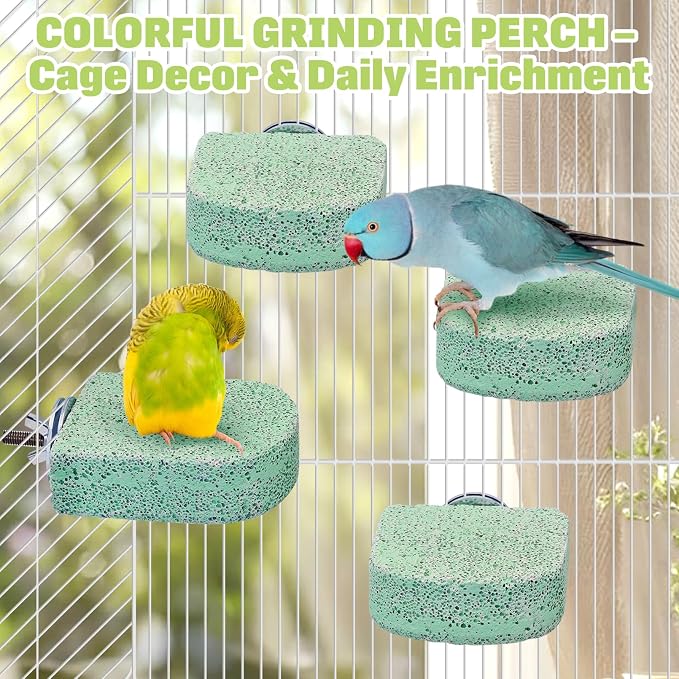 BNOSDM 4 Pcs Green Bird Beak Grinding Stone Calcium Parrot Perch 3.1*2.6in | Natural Volcanic Lava Stone,Mineral Block for Birds cage platform,Small Bird Toys for Parakeets Cockatiels Conures