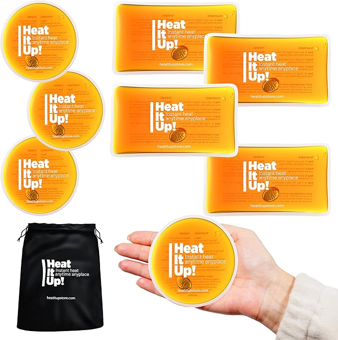 Reusable Hand Warmers – Heat It Up 8 Instant Snap Heat Packs for Hot Compress & Pain Relief – Pocket Size Reusable Heat Pack Set with Fabric Bag for Travel