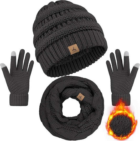 Winter Beanie Hat Scarf Gloves, Warm Fleece Knit Hats Touch Screen Gloves Neck Scarf Set Winter Gifts for Unisex Adult