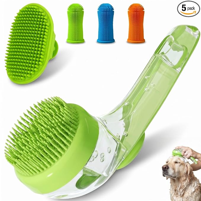 5PC pet grooming bath brush set - silicone massage brush with shampoo dispenser - suitable for dogs and cats for bathing, removing loose hair, and oral cleaning (green)