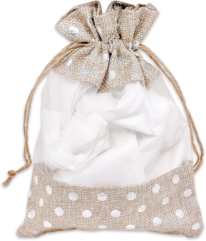 12-Pack Large Linen Burlap & Organza Gift Bags w. Drawstrings (6.5x8.5 in, Beige/Silver Polka) - Party Favors, Presents, Samples & Treats Mesh Pouch by The Display Guys