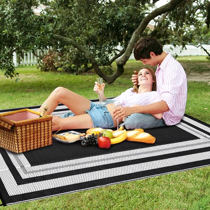 Patio Modern Border Outdoor Rug 10x14 Waterproof Large Reversible Camping Mat Foldable Lightweight Plastic Straw Outdoor Rug for Deck, Picnic, Porch, Camper, Balcony, Beach, Rv，Black/White