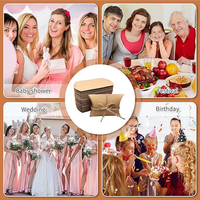 BallHull Kraft Paper Pillow Candy Box, Foldable Gift Box with Jute Rope for Weddings, Parties, Birthdays, Holidays, 60 Pcs