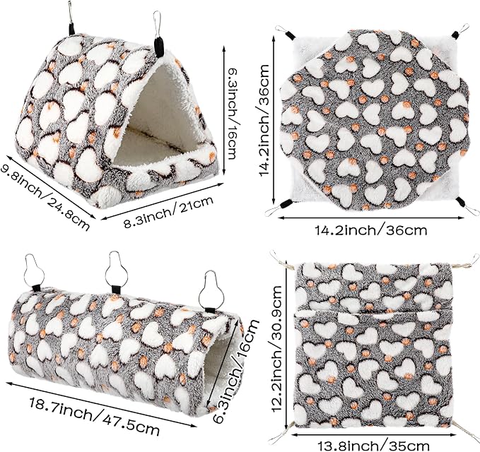 4 Pieces Ferret Hammock Set Ferret Cage Accessories Cozy Hanging Bed Tunnel Hideout Coffee Hearts Soft Coral Fleece Arctic Fleece for Hamster Guinea Pig Rat Squirrel