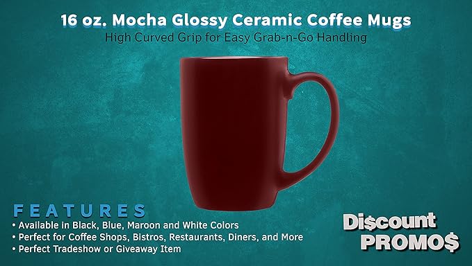 DISCOUNT PROMOS 10 Large Mocha Glossy Ceramic Coffee Mugs Set, 16 oz. - Stoneware, Smooth, Durable, C-handle - Maroon