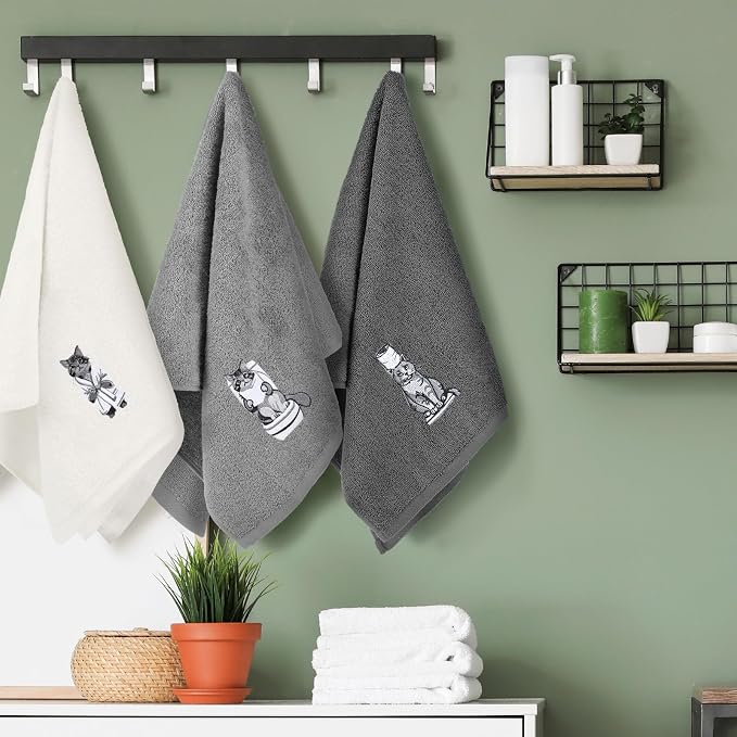 3 Pcs Decorative Hand Towels for Bathroom Cat Grey | 100% Cotton Embroidered Kitchen Towels, Farmhouse Rustic Home Decor, Soft Absorbent 13.3x29.5 Inch, Housewarming Gifts