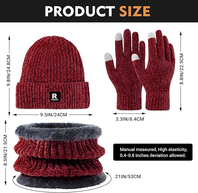 Winter Beanie Hat Circle Scarf Gloves Set for Men Women, Thick Warm Chenille Skull Cap Touchscreen Gloves Neck Warmer