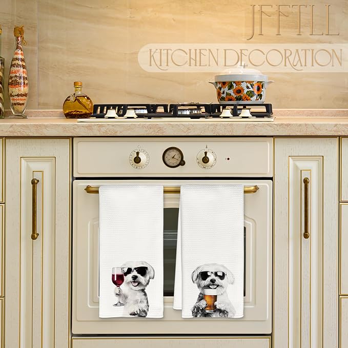 Funny Maltese Kitchen Towels Set of 2, Funny Kitchen Decor, Wine Station Wine Bar Decor, Black and White Maltese Owner Gift Hand Towel, Dining Room Decorative Tea Towel Dish Towels 16x24 Inch