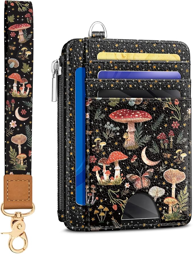 Kelvoris Credit Card Holder Small Wallet Women, Slim RFID, Mushroom Moon | Keychain, Zipper Coin Pocket, Front Pocket Thin Travel Card Case, Minimalist, 6 Card Slots, 1 ID Window, Ladies Gifts Woman
