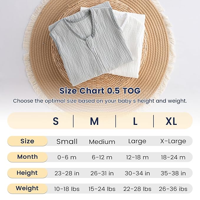 PHF 100% Muslin Cotton Baby Sleep Sacks, 6-12 Months Sleep Sack with 2-Way Zipper, 2 Pack Unisex 0.5 TOG Breathable Medium Size Sleeveless Baby Wearable Blanket, White & Grey