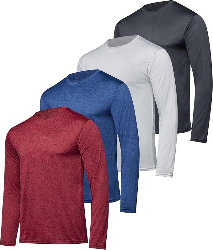 Real Essentials 4 Pack: Mens Long Sleeve Dry Fit T Shirts Hiking Fishing Workout Gym Work Sun UPF 50 Wicking Running Tee