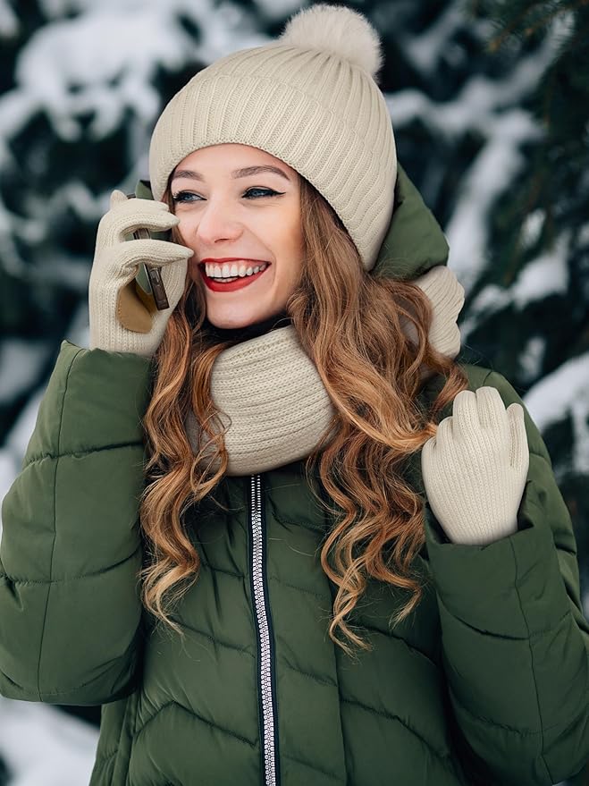 LOROME Women Winter Beanie Hat Scarf Gloves Set, Fleece Knitted Pompom Hat Warm Neck Scarf Touchscreen Gloves Winter Gift