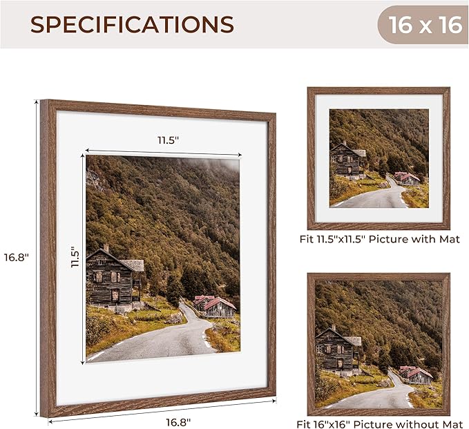16x16 Picture Frames, Solid Oak Wood Photo Frame 16 by 16, Rustic Wooden Square Picture Frame with Tempered Real Glass, 16 x 16 Square Frame Matted to 12 x 12, Walnut Color, Set of 2