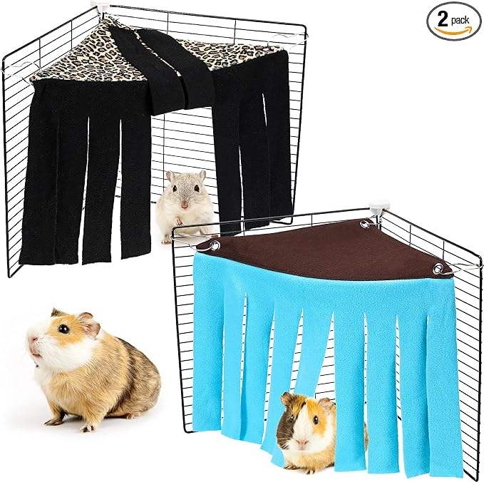 Shappy 2 Pcs Guinea Pig Hideout Hideaway Cage Hammock, Leopard | Corner Hideout Hammock, Soft Fleece for Ferrets Chinchillas Hedgehogs, Cozy Hide with Fringe Curtain Design